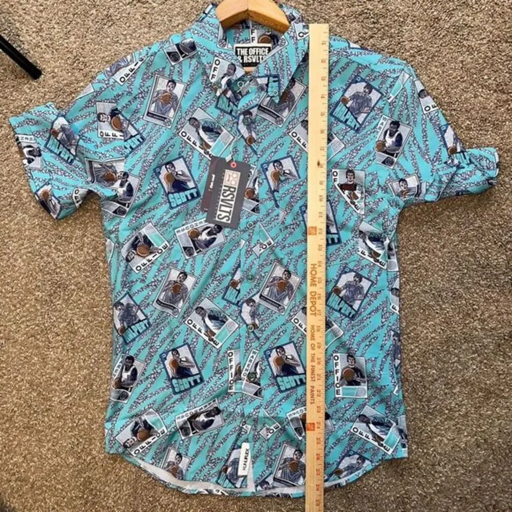NWT RSVLTS Shirt Mens‎ S The Office Blue Short Sleeve Button Up Basketball Card